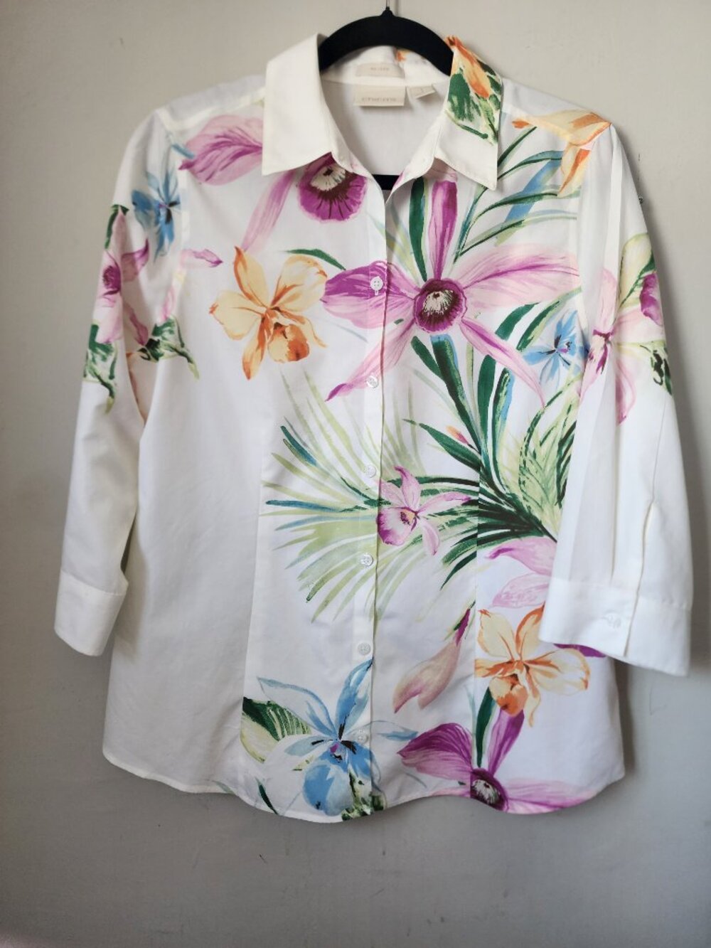 Chico's White Floral Button-Down Shirt with Pink, Green & Blue Accents